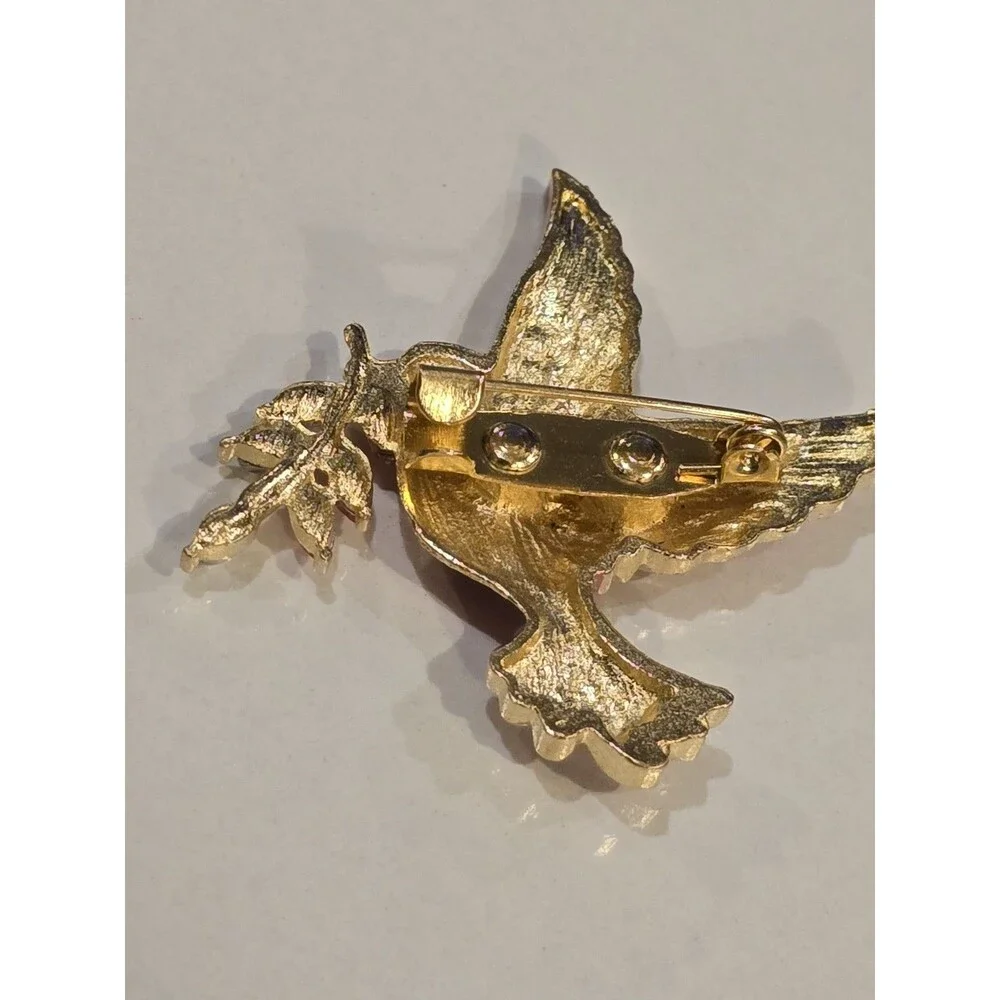 Pink Enamel Bird Brooch Rhinestone Flower Branch Gold Tone Dove Songbird Pin